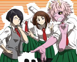  4girls ;) ashido_mina audio_jack bad_id bad_pixiv_id black_eyes black_hair black_legwear black_sclera boku_no_hero_academia brown_eyes brown_hair colored_sclera colored_skin green_skirt grin hagakure_tooru invisible jirou_kyouka multiple_girls necktie one_eye_closed pantyhose pink_hair pink_skin pleated_skirt school_uniform short_hair skirt smile striped striped_background u.a._school_uniform uraraka_ochako yagiushi_(sinnpatilove) yellow_eyes 