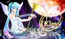  aqua_hair bicolored_eyes blue_eyes dress elbow_gloves feathers gloves hatsune_miku long_hair momopanda moon purple_eyes scythe space stars thighhighs twintails vocaloid wings 