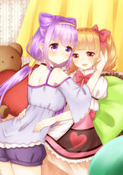  2girls aisaki_emiru black_choker blonde_hair blue_dress blue_shorts blunt_bangs blush bow choker commentary_request cone_hair_bun cowboy_shot curtains dress feet_out_of_frame frilled_skirt frills from_behind hair_bun hairband hairbow hand_in_own_hair hand_on_another&#039;s_head hands_on_another&#039;s_hips heart heart_print highres hugtto!_precure leaning_forward leaning_on_person light_frown light_purple_hair long_hair looking_at_viewer looking_back multiple_girls neck_ribbon open_mouth pillow pink_dress ponytail precure puffy_short_sleeves puffy_sleeves purple_eyes raglan_sleeves red_eyes red_ribbon ribbon ruru_amour short_sleeves shorts sitting skirt smile stuffed_animal stuffed_toy sunao teddy_bear twintails very_long_hair wallpaper_(object) yuri 