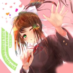  ;) bad_id bad_pixiv_id blush bow brown_hair character_name commentary_request copyright_name doki_doki_literature_club female hairbow hand_up heart long_hair monika_(doki_doki_literature_club) one_eye_closed pen_to_chin ponytail school_uniform sidelocks smile solo takei_(jamfusion) upper_body white_bow 