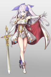  bare_legs blue_eyes blue_ribbon boots breasts cape center_frills cleavage collarbone commentary_request crossed_legs dress elbow_gloves female frills full_body gloves grey_background hair_between_eyes hair_ribbon high_heel_boots high_heels highres holding holding_sword holding_weapon long_hair medium_breasts multicolored_cape multicolored_clothes outstretched_arm pixiv&#039;s_virtual_youtuber_audition red_cape ribbon short_dress sleeveless sleeveless_dress solo standing sword two_side_up tyone virtual_youtuber weapon white_cape white_dress white_footwear white_gloves white_hair 