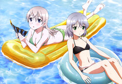  2girls absurdres afloat artist_request ass bikini breasts cleavage eila_ilmatar_juutilainen highres inflatable_raft innertube long_hair medium_breasts multiple_girls official_art onoda_masahito partially_submerged sanya_v._litvyak small_breasts strike_witches swim_ring swimsuit tarot tarot_(card) wet world_witches_series 