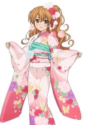  animal_print blush brown_eyes brown_hair butterfly_print chinese_peony chrysanthemum female floral_print flower furisode golden_time japanese_clothes kaga_kouko kimono long_hair new_year obi official_art peony_(flower) peony_print sash smile solo transparent_background 