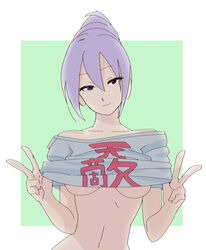  benten-sama_(uchouten_kazoku) breasts commentary_request double_v female hair_bun medium_breasts midriff no_bra purple_hair sigumado66 single_hair_bun smile solo uchouten_kazoku underboob v 