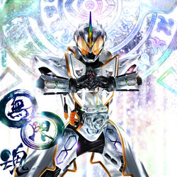  1boy armor capelet commentary_request full_armor ghost_driver glass helmet highres horns kamen_rider kamen_rider_ghost kamen_rider_ghost_(mugen_damashii) kamen_rider_ghost_(series) kuzurx male_focus orange_eyes rider_belt single_horn solo tokusatsu vest visor_(armor) 