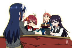  4girls artist_logo blue_eyes blue_hair blush bowl brown_eyes brown_hair casual commentary_request dated futaba_aoi_(vividred_operation) hair_bobbles hair_ornament hairband handheld_game_console happy isshiki_akane isshiki_momo jacket kotatsu kuroki_rei long_hair mayonnaise miyahara_takuya multiple_girls nintendo_ds open_mouth photoshop_(medium) playing_games purple_eyes purple_hair red_hair short_hair smile sweater table track_jacket twintails vest vividred_operation 