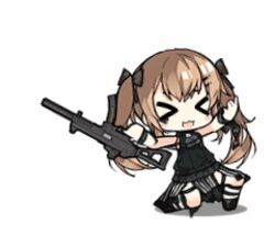  &gt;_&lt; :3 :d animated animated bad_link black_dress black_footwear black_ribbon brown_hair chibi dress female full_body girls&#039;_frontline gun hair_ribbon holding holding_gun holding_weapon long_hair lowres official_alternate_costume official_art open_mouth red_eyes ribbon saru simple_background smile socks solo striped_clothes striped_socks thigh_strap twintails ump9_(girls&#039;_frontline) ump9_(the_world&#039;s_melody)_(girls&#039;_frontline) weapon white_background xd 