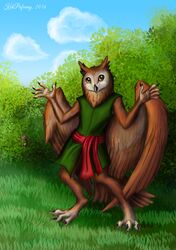  2016 anthro avian bird detailed_background digital_media_(artwork) hi_res kekpafrany lagomorph leporid mammal nature outside owl plant rabbit shrub solo tree wood 