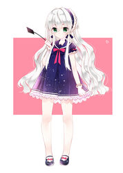  bad_id bad_pixiv_id blush dress female flyswatter full_body gloves green_eyes highres long_hair mary_janes original sailor_dress sakiyo_cake shoes simple_background solo white_background white_hair 