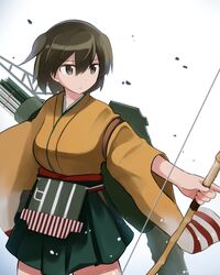  arrow_(projectile) bow_(weapon) brown_eyes brown_hair commentary_request female green_skirt hiryuu_(kancolle) holding holding_weapon japanese_clothes kantai_collection kinosaki_(green_patio) long_sleeves one_side_up pleated_skirt quiver short_hair skirt solo weapon wide_sleeves 