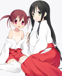  2girls :d black_hair breasts brown_hair collarbone commentary_request green_eyes hakama hakama_short_skirt hakama_skirt itsumi_(itumiyuo) iwato_kasumi japanese_clothes large_breasts long_hair low-tied_long_hair miko multiple_girls off_shoulder one-piece_tan open_mouth parted_lips pink_hair pleated_skirt red_hakama red_skirt saki_(manga) sidelocks simple_background sitting skirt smile tan tanlines thighhighs twintails usuzumi_hatsumi very_long_hair wariza white_background white_legwear 