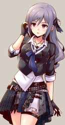  alternate_costume alternate_hairstyle belt collarbone collared_shirt commentary_request female fingerless_gloves gloves grey_hair hair_down hair_ribbon idolmaster idolmaster_cinderella_girls idolmaster_cinderella_girls_starlight_stage jacket jewelry kanzaki_ranko leather leather_jacket long_hair multiple_belts necklace next_frontier_(idolmaster) photoshop_(medium) red_eyes ribbon shirt skirt thigh_strap uraichishi wavy_hair 