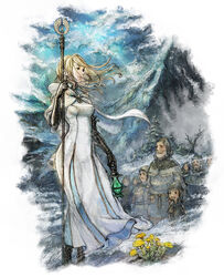  5boys beard black_gloves blonde_hair breasts cloak cloud cloudy_sky dress elbow_gloves facial_hair female flower gloves hood ikusy lantern lolicon medium_breasts mountain multiple_boys octopath_traveler octopath_traveler_i official_art ophilia_clement photoshop_(medium) sky smile snow solo_focus square_enix staff standing tree 