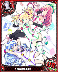  1boy 2girls ;d armpits arms_behind_head arms_up bare_shoulders beret blonde_hair blue_eyes blue_hair blush border card_(medium) character_name chess_piece crossover dress green_eyes green_hat grin hacka_doll hacka_doll_1 hacka_doll_2 hacka_doll_3 hat high_school_dxd king_(chess) long_hair looking_at_viewer multiple_girls official_art one_eye_closed open_mouth otoko_no_ko pink_eyes pink_hair short_dress side_slit simple_background smile star_(symbol) teeth thick_thighs thighhighs thighs trading_card very_long_hair wavy_hair white_background white_dress white_legwear 