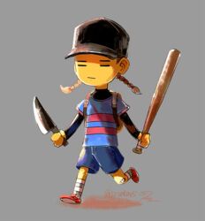  1other =_= androgynous backpack bag bandaid bandaid_on_knee bandaid_on_leg baseball_bat baseball_cap blue_shirt braid brown_hair closed_eyes closed_mouth colored_skin commentary_request facepaint frisk_(undertale) full_body fusion grey_background hat hscatter knife layered_clothes madotsuki mother_(game) ness_(mother_2) off_(game) other_focus running shirt shorts simple_background solo striped_clothes striped_shirt the_batter_(off) twin_braids twitter_username undershirt undertale yellow_skin yume_nikki 