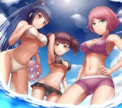  3girls armpits ball beachball bike_shorts bikini black_hair breasts bu_li commentary contemporary green_eyes koutetsujou_no_kabaneri large_breasts lens_flare long_hair looking_at_viewer medium_breasts multiple_girls mumei_(kabaneri) muscular muscular_female navel pink_hair ponytail purple_eyes short_hair swimsuit wading yomogawa_ayame yukina_(kabaneri) 