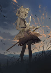  azling belt black_ribbon bracer brown_eyes cloud cloudy_sky commentary_request earmuffs female field full_body grass highres holding light_brown_hair neck_ribbon one_eye_closed outdoors pointy_hair ribbon sailor_collar sheath shirt skirt sky sleeveless sleeveless_shirt solo standing sunset touhou toyosatomimi_no_miko 