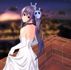  backless_dress backless_outfit balcony bare_shoulders black_choker blurry blurry_background bridal_gauntlets choker commentary_request dress female hair_ornament keidai_3 long_hair looking_back memento_(sennen_sensou_aigis) outdoors ponytail purple_eyes purple_hair sennen_sensou_aigis sidelocks skirt_hold skull_hair_ornament solo standing wedding_dress white_dress 