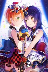  2girls bad_id bad_pixiv_id bare_shoulders black_gloves cafe_maid_(love_live!) checkered_clothes checkered_skirt flower gloves hat hitsukuya hoshizora_rin long_hair looking_at_viewer love_live! love_live!_school_idol_festival love_live!_school_idol_project microphone microphone_stand mini_hat mini_top_hat multiple_girls open_mouth short_hair skirt smile sonoda_umi thighhighs top_hat treble_clef 