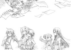  5girls ^_^ absurdres bad_link blazer blush bow bowtie closed_eyes double_bun ga_geijutsuka_art_design_class glasses greyscale grin hair_bun hair_ornament hairclip highres jacket kiyuzuki_satoko long_hair monochrome multiple_girls noda_miki nozaki_namiko official_art oomichi_miyabi paper ponytail round_eyewear school_uniform short_hair single_hair_bun sketchbook skirt smile tomokane track_jacket yamaguchi_kisaragi 