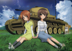  2girls blush breasts canine casual cloud day dress girls_und_panzer highres holding_hands kneehighs large_breasts medium_breasts military military_vehicle motor_vehicle multiple_girls nishizumi_maho nishizumi_miho official_art outdoors panzer_ii scan siblings sisters sky smile socks symmetrical_pose tank 