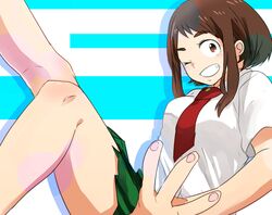  ;) bad_id bad_pixiv_id boku_no_hero_academia brown_eyes brown_hair female green_skirt grin necktie one_eye_closed pleated_skirt school_uniform shirt short_hair short_sleeves sidelocks skirt smile solo u.a._school_uniform uraraka_ochako white_shirt yagiushi_(sinnpatilove) 