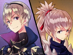  2boys bad_id bad_pixiv_id blonde_hair brown_eyes copyright_name fire_emblem fire_emblem_fates grey_hair leo_(fire_emblem_fates) long_hair multiple_boys ponytail portrait purple_eyes takumi_(fire_emblem) totogami_toto 