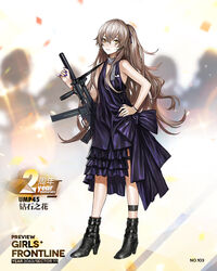  ankle_boots bad_link black_footwear boots breasts brown_hair dress female full_body girls&#039;_frontline gun h&amp;k_ump heckler_&amp;_koch high_heel_boots high_heels holding holding_gun holding_weapon infukun long_hair looking_at_viewer machine_gun military nail_polish official_alternate_costume official_art one_side_up promotional_art purple_dress purple_nails scar scar_across_eye scar_on_face small_breasts solo submachine_gun thigh_strap ump45_(diamond_flower)_(girls&#039;_frontline) ump45_(girls&#039;_frontline) weapon yellow_eyes 