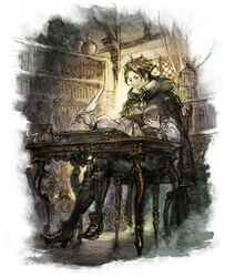  1boy birdcage book bookshelf brown_hair cage chair cloak cyrus_albright desk feathers high_heels ikusy looking_down male_focus octopath_traveler octopath_traveler_i official_art photoshop_(medium) quill reading sitting solo square_enix vase window writing 