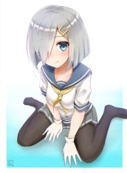  black_pantyhose blue_eyes collarbone commentary_request eyes_visible_through_hair female gloves grey_hair hair_ornament hair_over_one_eye hairclip hamakaze_(kancolle) kantai_collection looking_at_viewer nayuhi_(yukimuu14) pantyhose pleated_skirt school_uniform serafuku short_hair short_sleeves sitting skirt solo wariza wet wet_hair white_gloves white_hair 