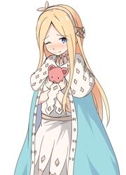  ;) abigail_williams_(fate) absurdres anastasia_(fate) anastasia_(fate)_(cosplay) bad_id bad_pixiv_id blonde_hair blue_cloak blue_eyes blush brown_hairband brown_ribbon cloak closed_mouth collarbone cosplay dress fate/grand_order fate_(series) female forehead hair_ribbon hairband highres hugging_object long_hair looking_at_viewer mitchi nose_blush one_eye_closed parted_bangs ribbon royal_robe simple_background smile solo stuffed_animal stuffed_toy teddy_bear very_long_hair white_background white_dress 