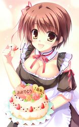  :d absurdres breasts brown_eyes brown_hair cake cleavage da_capo da_capo_iii detached_collar female food fruit highres hinomoto_aoi large_breasts open_mouth smile strawberry takano_yuki_(allegro_mistic) waitress 