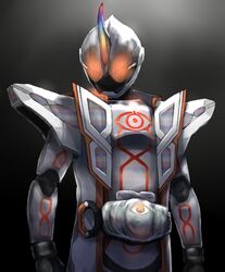  1boy armor belt capelet commentary_request full_armor ghost_driver helmet horns kamen_rider kamen_rider_ghost kamen_rider_ghost_(mugen_damashii) kamen_rider_ghost_(series) male_focus orange_eyes rider_belt single_horn solo somechime_(sometime1209) tokusatsu vest 