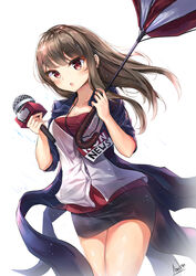  :o absurdres black_skirt blue_jacket blush breasts brown_hair buttons cleavage collarbone commentary commission cosplay cowboy_shot dress_shirt english_commentary female floating_hair forecast_janna forecast_janna_(cosplay) hands_up highres holding holding_microphone holding_umbrella jacket janna_(league_of_legends) league_of_legends light_particles long_hair looking_at_viewer mecha_(alswp) medium_breasts microphone miniskirt open_clothes open_jacket original parted_lips partially_unbuttoned pencil_skirt red_eyes red_shirt shirt short_sleeves sidelocks signature simple_background skirt solo tailcoat thighs umbrella undershirt white_background white_shirt wing_collar 