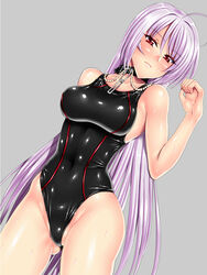  akashiya_moka bad_id bad_pixiv_id breasts collar competition_swimsuit female impossible_clothes impossible_swimsuit inner_moka latex long_hair one-piece_swimsuit purple_hair red_eyes rosario+vampire sen_(sansui) shiny_clothes skindentation sweat swimsuit thigh_gap wet 