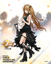  ankle_boots bad_link black_dress black_footwear black_ribbon boots breasts brown_hair cleavage damaged dress female full_body girls&#039;_frontline gun hair_ribbon high_heel_boots high_heels holding holding_gun holding_weapon infukun long_hair looking_at_viewer nail_polish official_alternate_costume official_art promotional_art red_eyes ribbon socks solo striped_clothes striped_socks thigh_strap thighs torn_clothes twintails ump9_(girls&#039;_frontline) ump9_(the_world&#039;s_melody)_(girls&#039;_frontline) weapon 