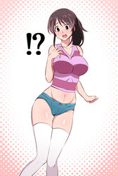  !? alternate_costume blue_shorts blush breasts brown_eyes brown_hair commentary_request crop_top embarrassed female gabao_(mattari_2019) large_breasts micro_shorts midriff mihara_futaba multicolored_hair navel nose_blush open_mouth purple_shirt revealing_clothes shinkalion_(series) shinkansen_henkei_robo_shinkalion shirt shorts solo standing streaked_hair striped_clothes striped_shirt sweat tank_top thighhighs white_thighhighs 