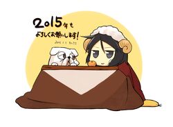  2015 animal animal_costume black_eyes black_hair brave_witches bulldog canine chinese_zodiac commentary_request dated female hanten_(clothes) horns kanno_naoe kinosaki_(green_patio) kotatsu new_year sheep_costume sheep_horns short_hair solo table world_witches_series year_of_the_goat 