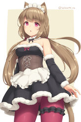  animal_ear_fluff animal_ears apron ass_visible_through_thighs cat_ears cat_girl cat_tail chestnut_mouth commentary_request cowboy_shot detached_collar detached_sleeves dress female fur_trim light_brown_hair long_hair looking_at_viewer low_twintails maid_headdress original panties panties_under_pantyhose pantyhose red_eyes red_pantyhose sasaame sidelocks solo strapless strapless_dress tail thigh_strap torte_(sasaame) twintails underwear 