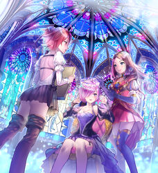  3girls alternate_costume blush boots breasts brown_footwear brown_hair cleavage collarbone commentary_request fate/grand_order fate_(series) fujimaru_ritsuka_(female) green_eyes hair_over_one_eye highres large_breasts leonardo_da_vinci_(fate) looking_at_another mash_kyrielight multiple_girls purple_eyes purple_hair red_eyes red_hair short_hair smile stained_glass tamaki_mitsune thigh_boots thighhighs 