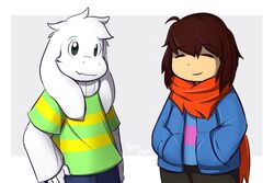  abstract_background asriel_dreemurr azenzeph boss_monster_(undertale) bovid caprine closed_eyes duo frisk_(undertale) fur human lolicon long_ears mammal scarf simple_background stripes undertale undertale_(series) white_body white_fur young 