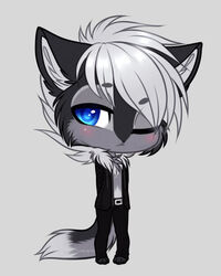  anthro blush canid canine canis chibi fluffy fluffy_tail looking_at_viewer male mammal nightdancer_(character) pose shy solo tail wolf zombie-artist 