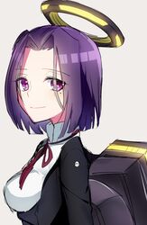  bad_id bad_pixiv_id female halo kantai_collection looking_at_viewer mechanical_halo mole mole_under_eye purple_eyes purple_hair short_hair smile solo tatsuta_(kancolle) upper_body yarawi 