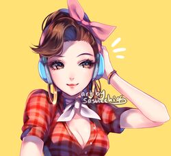  artist_name bangle bracelet breasts brown_eyes brown_hair choker cleavage closed_mouth commentary cruiser_d.va d.va_(overwatch) earrings english_commentary eyelashes female front-tie_top hand_on_headphones head_scarf headphones hoop_earrings jewelry long_hair looking_at_viewer medium_breasts official_alternate_costume overwatch overwatch_1 pink_lips plaid plaid_shirt ponytail red_shirt ribbon_choker sasucchi95 shirt short_sleeves signature simple_background smile solo swept_bangs upper_body white_choker yellow_background 