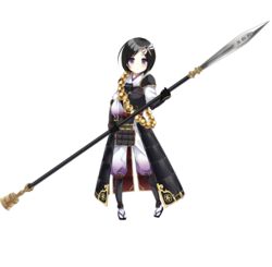  armor beads black_hair bug dragonfly female full_body gloves hair_ornament holding holding_weapon kanzaki_karuna odaki_(oshiro_project) official_art oshiro_project:re polearm prayer_beads purple_eyes short_hair solo spear transparent_background weapon 