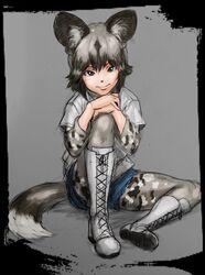  african_wild_dog_(kemono_friends) african_wild_dog_print animal_ears baten_(gei-vorugu) black_hair boots brown_eyes camouflage commentary_request cross-laced_footwear female grey_background grey_hair grey_pantyhose hands_on_own_knee kemono_friends lace-up_boots long_sleeves looking_at_viewer multicolored_clothes multicolored_hair multicolored_legwear pantyhose shorts sitting smile solo tail two-tone_hair 