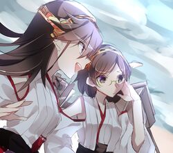  2girls bad_id bad_pixiv_id black_hair brown_hair detached_sleeves glasses grey_eyes hairband hand_on_own_hip haruna_(kancolle) kantai_collection kirishima_(kancolle) long_hair multiple_girls nontraditional_miko open_mouth short_hair skirt smile upper_body yarawi 