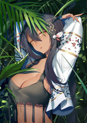  absurdres arms_behind_head azur_lane black_hair blush braid breasts brown_eyes cleavage collarbone commentary_request crop_top cropped_jacket dark-skinned_female dark_skin feather_hair_ornament feathers female fingernails hair_between_eyes hair_ornament half-closed_eyes head_tilt highres iiiroha jacket jewelry large_breasts leaf long_fingernails long_hair looking_at_viewer native_american navel open_clothes open_jacket outdoors sidelocks solo south_dakota_(azur_lane) sweat white_jacket 