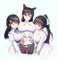  4girls :| ^_^ ancle_(aruncle) animal_ears atago_(azur_lane) azur_lane black_hair blush breast_envy breast_press breast_rest breasts breasts_on_head brown_eyes choukai_(azur_lane) closed_eyes closed_mouth commentary_request dated girl_sandwich hair_between_eyes hair_ornament hair_ribbon hand_on_another&#039;s_shoulder highres large_breasts long_hair long_sleeves maya_(azur_lane) military military_uniform mole mole_under_eye multiple_girls naval_uniform odd_one_out open_mouth ponytail ribbon sandwiched scarf school_uniform serafuku smile takao_(azur_lane) uniform white_hair 