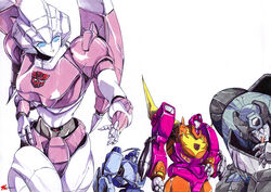  3boys arcee autobot badge blurr_(transformers) cigar commentary english_commentary female hinomars19 hot_rod_(transformers) kup_(transformers) multiple_boys photoshop_(medium) robot science_fiction smoking traditional_media transformers transformers:_generation_1 